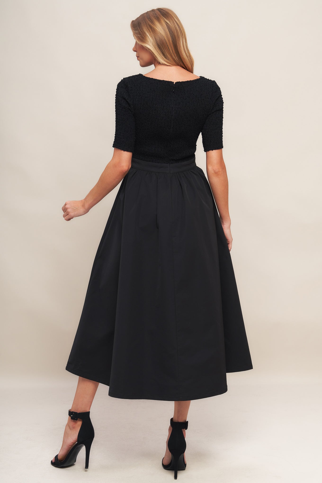 EVENING GRACE BLACK WOVEN MIDI DRESS Flying Tomato